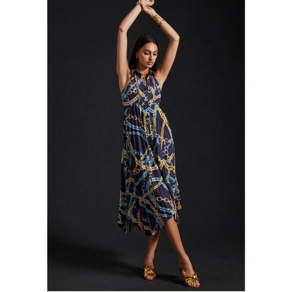 Anthropologie Maeve Collared Open Back Pleated Hanky Hem Midi Dress Sz M - Picture 1 of 11